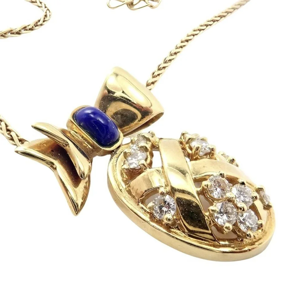 Authentic! Christian Dior 18k Yellow Gold Lapis Diamond Egg Pendant Necklace​ - Picture 9 of 10